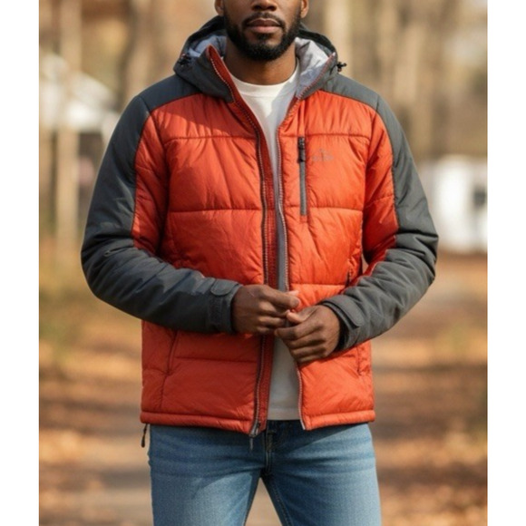 L.L. Bean Packaway Hooded Jacket Men’s Large Orange Gray Full Zip Nylon Puffer - Picture 1 of 9